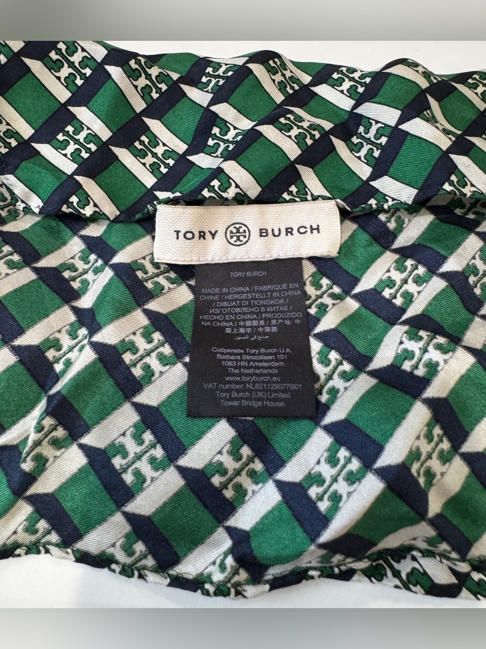 Tory Burch Green, Navy & Cream Geometric Silk Scarf